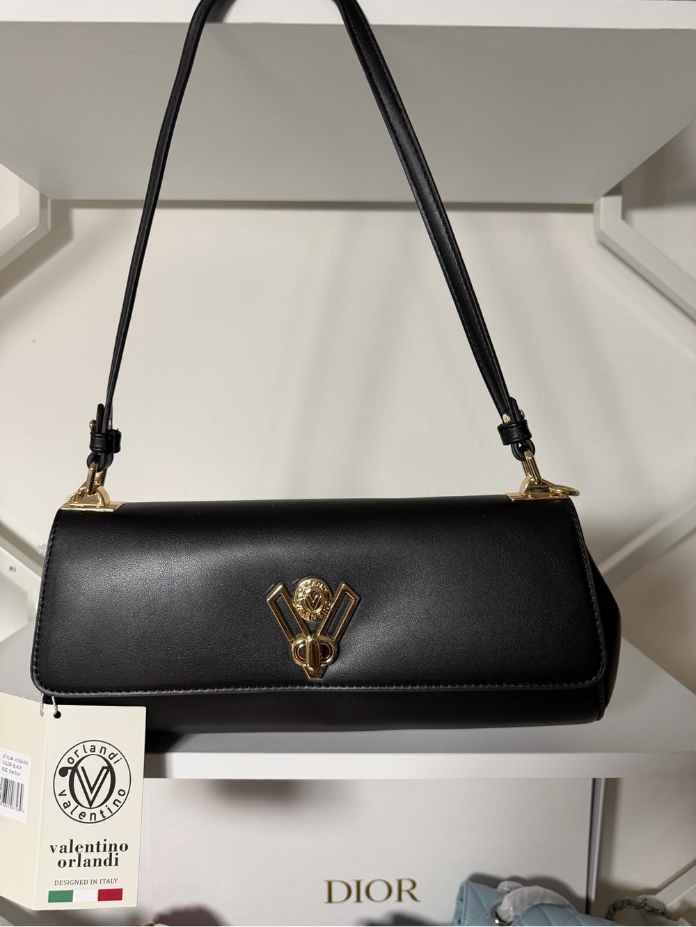 Valentino Orlandi Black Leather Shoulder Bag with Gold Emblem